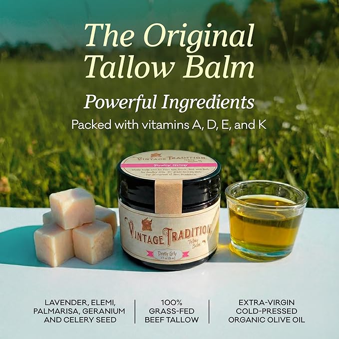 Vintage Tradition Beef Tallow All Purpose Balm – Healing, Hydrating Floral Skin Care Salve Replaces Body Lotion, Hand Cream, More – Essential Oil, Olive Oil, and Grass-Fed Tallow, 2 fl. oz.