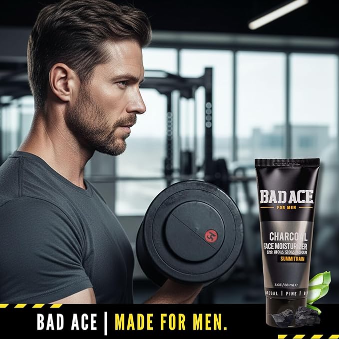 BAD ACE Daily Men's Face Moisturizer for Oily Skin, Premium Korean Skin Care Hydrating Facial Cream, Charcoal Face Lotion with Natural Extracts, Men’s Skin Care, Summit Rain, 3 oz