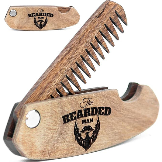 Enjoy The Wood Beard Comb for Men, Folding Pocket Beard Accessories for Men, Engraved Walnut Wooden Comb for Moustache, Beard & Hair For Him (Bearded Man)