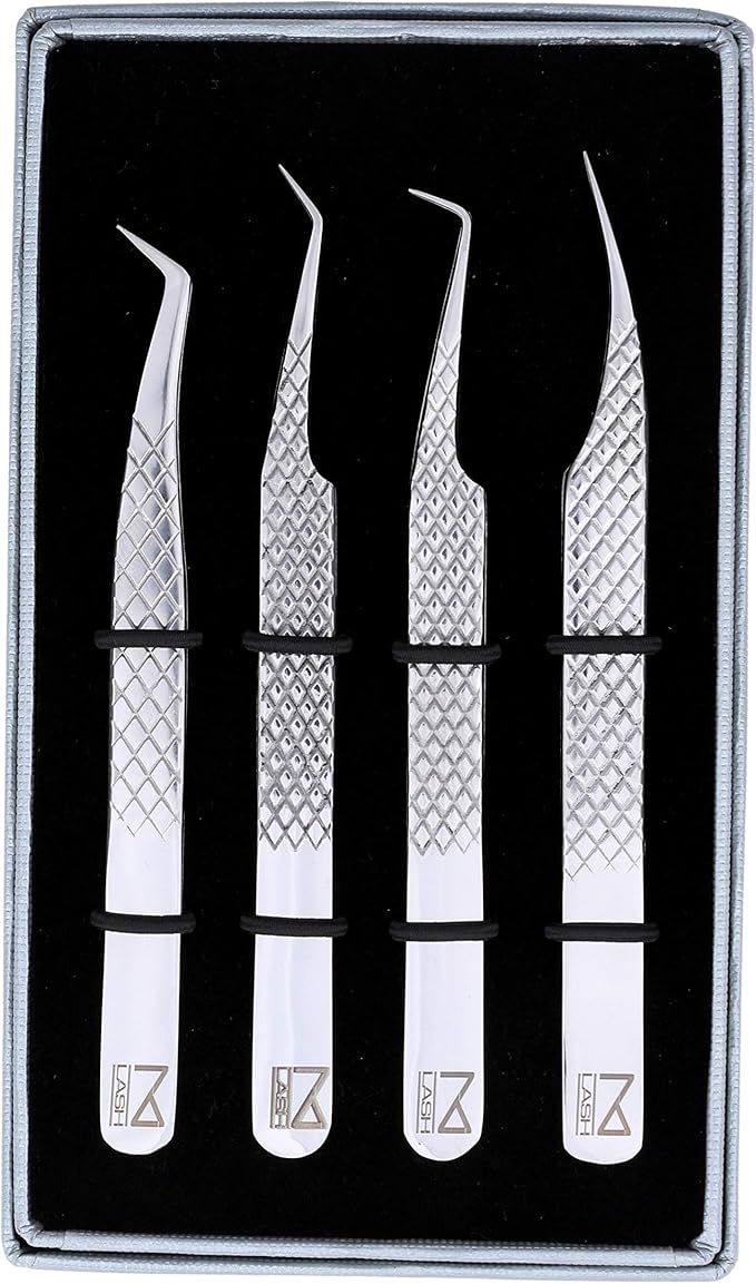 M LASH Eyelash Extension Tweezers (Set of 4) - Professional & Precision Lash Tweezers for Eyelash Extensions - Japanese Steel, Diamond Grip, Fiber Tip V3 (Silver)