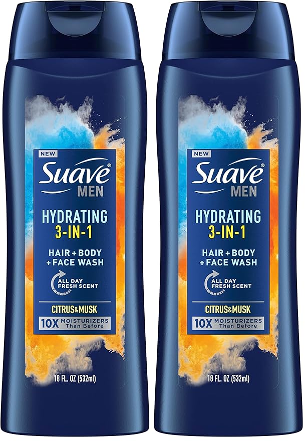 Suave Men 3 in 1 Mens Body Wash, Body Soap for Hydrated Skin and Hair, Hair, Face and Body Wash, With an All day Fresh Scent 18 oz (Pack of 2)