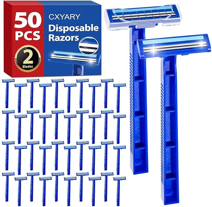 CXYARY 50 Pcs Disposable Razors With Lubricating Strip, 2 Blade Razors with Clear Safety Cap, Disposable Razors Bulk for Men Women, Multipurpose Portable Shave Razor for Bathing Hotel Travel, Blue
