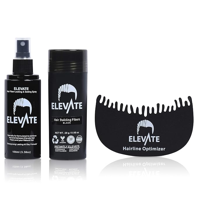 Elevate Hair Building Fibers 3-in-1 Kit for Thinning Hair (Black) Keratin Hair Thickening Powder with Fiber Lock Spray & Hairline Optimizer Comb - Instant Hair Concealer Waterproof for Men & Women