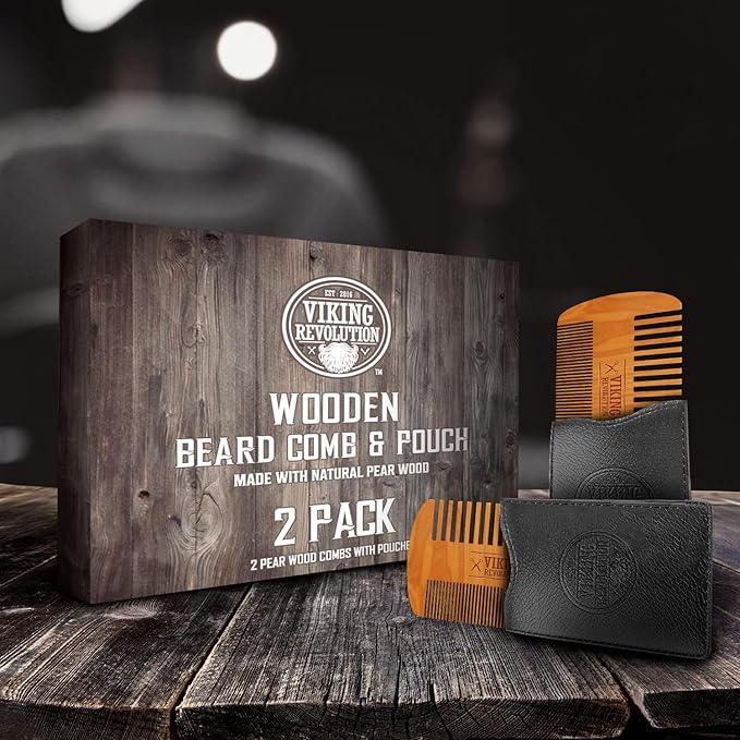 Viking Revolution Wooden Beard Comb & Case, Dual Action Fine & Coarse Teeth, Perfect for use with Balms and Oils, Top Pocket Comb for Beards & Mustaches (2 Pack)