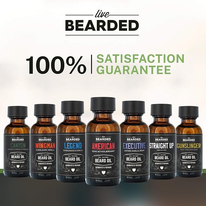 Live Bearded Beard Oil, 1 fl oz - Premium All-Natural Jojoba - Made in the USA - Hair and Skin Care for Men with Dry, Flaky Patches | American Scent - Cedar, Vetiver, Bergamot