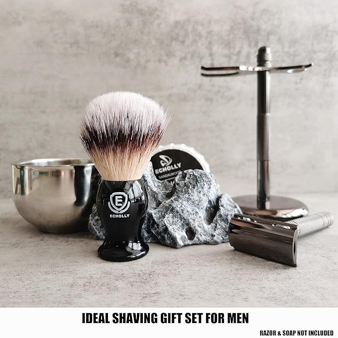 3 in1 Premium Shaving Brush Kit for Men Includes Vegan Badger Synthetic Hair Shaving Brush,Stainless Steel Shaving Soap Bowl,Heavy Safety Stand for Mens Gift (Deluxe Black)