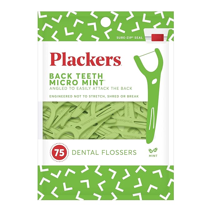 Plackers Back Teeth Micro Mint Dental Flossers, Delicious Mint Flavor, Provides Easy Access for Back Teeth, Built-in Protected Pick, Easy Storage, 75 Count, Pack of 4