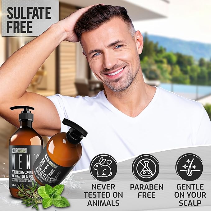 Mens Shampoo and Conditioner Set - Sulfate Free Strengthening and Thickening Formula for Fuller Hair - Helps with Thinning Hair - Formulated for Men - 16 Fl Oz (Set of 2)