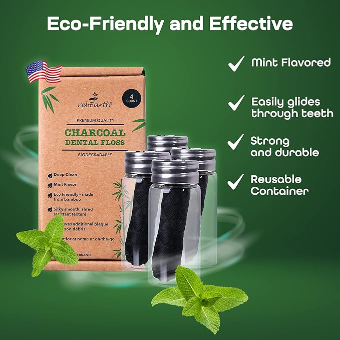 rebEarth Natural Deep Clean Charcoal Floss - Oral Care Dental Floss w/Mint Flavor, 30m Tooth Floss in Glass Container, Bamboo Floss w/Reusable Floss Container, Smooth & Shred Resistant (Pack of 4)
