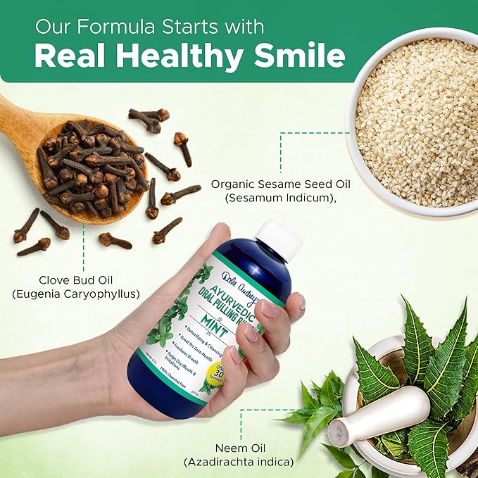 Ayurvedic Oil Pulling Rinse for Teeth and Gums | Made in USA Alcohol Free Mouthwash for Fresh Breath | Pulling Oil with Oils Extract for Teeth Whitening & Healthy Gums | Mint Oral Rinse - 8 Fl Oz