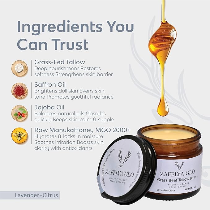 Grass-Fed Beef Tallow Balm with Raw Honey - US Handmade Tallow Moisturizing Balm for Everone All Type of Skin & Body - Organic Beef Tallow moisturizer (lavender + citrus)