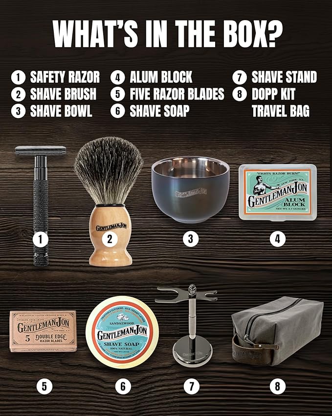 Gentleman Jon Deluxe Vintage Shaving Kit for Men - Men's Shaving Set Gifts, Compact Design, Includes Safety Razor and Brush Stand, Brush, Potassium Alum Block, Soap, Stainless Bowl, Stand & Dopp Kit