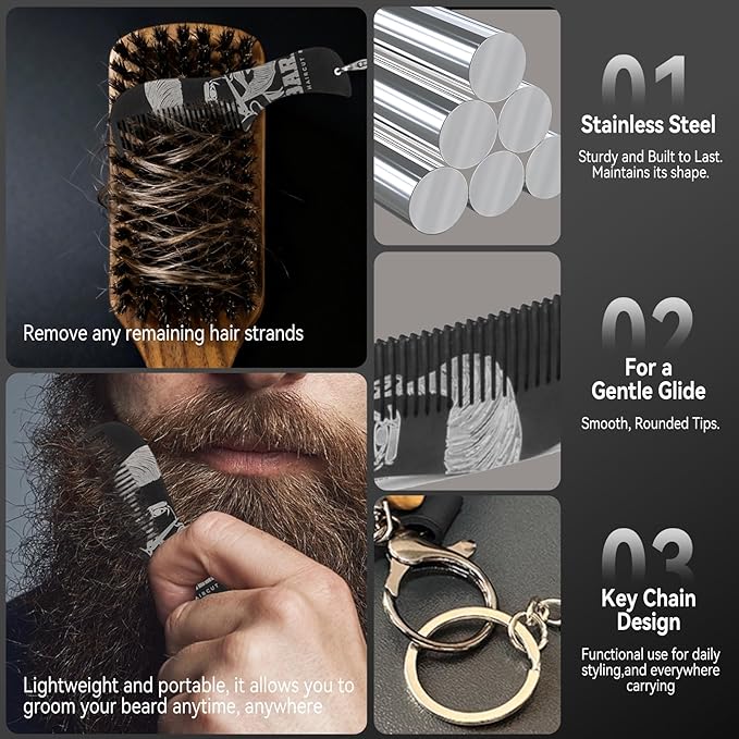 Walnut Wood Boar Bristles Beard Brush Kit for Men, Beard Grooming & Hair Styling Quiff, Pompadour, Slicked-back, Undercut, Straightens & Promotes Beard Growth - Works with Beard Oils and Balms