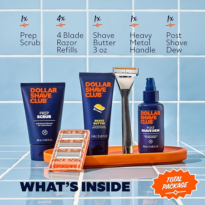 Dollar Shave Club | The Total Package Gift Set | 4 Swift Rinse Refill Cartridges, 1 Heavy Metal Handle, 1 Prep Scrub 3 ounce, 1 Shave Butter 3 ounce, 1 Post Shave Dew 3.4 ounce, Razors for Men