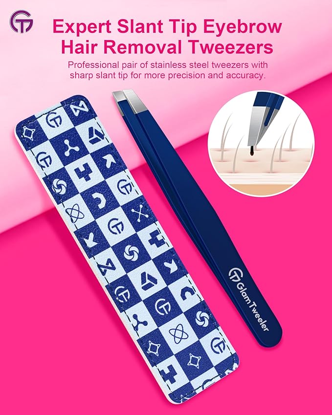 Expert Slant Tip Tweezers with Leather Travel Case, GlamTweeler Sharp & Precision Stainless Steel Tweezer for Eyebrows, Facial Hair and Fine Hairs Removal (Navy Blue)