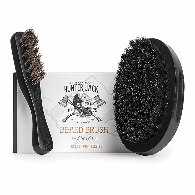 Beard Brush for Men - Natural Boar Bristle Beard Brush Kit - Soft Small Mustache Brush for Men - Premium Travel Grooming Set by Hunter Jack