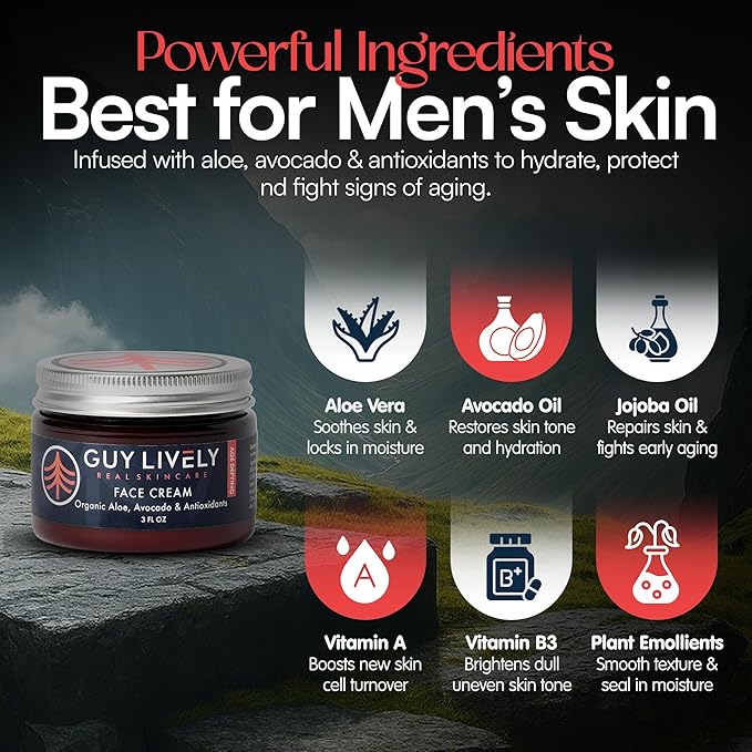Guy Lively Age-Defying Face Cream for Men, Hydrating Moisturizer with Antioxidants, Vitamins A C & E, Organic Oils, Anti-Aging Cream to Smooth Fine Lines & Wrinkles, 3 fl oz – Vegan, Sulfate Free