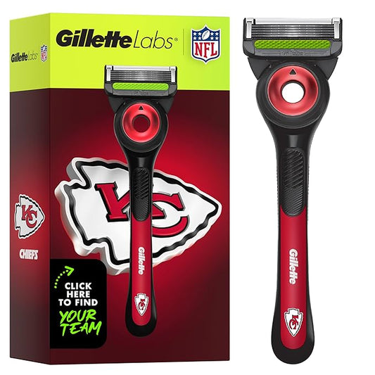 Gillette Labs Special NFL Chiefs Edition Shaving Razor for Men - 1 Handle, 4 Razor Blade Refills & Magnetic Stand, Holiday Gifts for Men, GilletteLabs with Exfoliating Bar