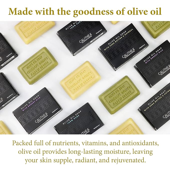 Calithea 3 Pack Olive Oil Based Soap Bars: 100% Pure Olive Oil Soap, Donkey Milk, and Shea Butter & Oatmeal Soap Bars