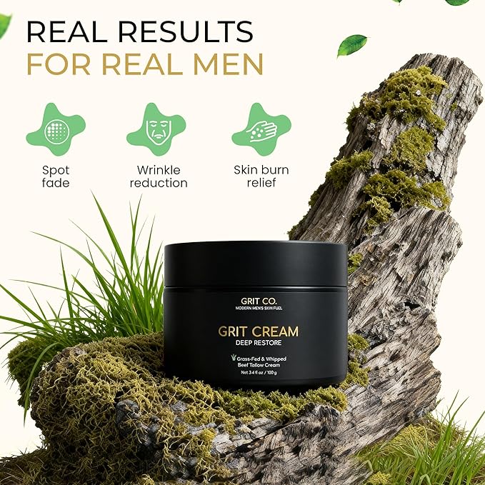 GRIT CREAM Beef Tallow for Men's Face & Skin, Anti Aging Wrinkle Repair Moisturizer, Unscented Whipped Balm, Grass-Fed | 3.4oz