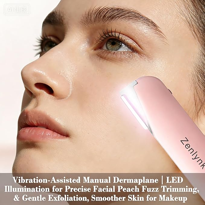 Vibration-Assisted Manual Dermaplane Razor for Women Face, Zenlynk Facial Exfoliator & Peach Fuzz Trimmer with 3 Vibration Modes, LED Light, 5 Replacement Blades & Exfoliating Scrubber, Pink