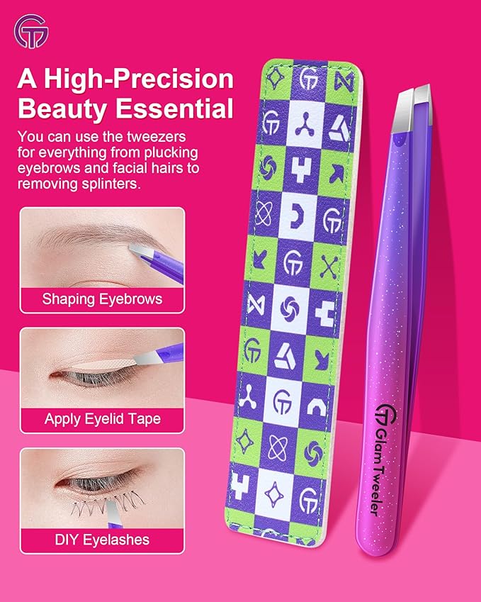 Expert Slant Tip Tweezers with Leather Travel Case, GlamTweeler Sharp & Precision Stainless Steel Tweezer for Eyebrows, Facial Hair and Fine Hairs Removal (Sparkle Deep Violet & Lavender)