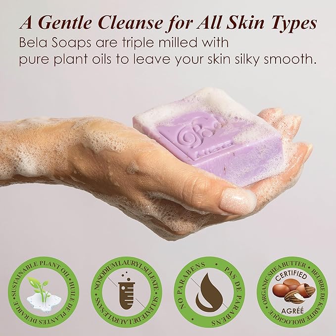 BELA Triple Milled Soap Variety Pack 3.3 OZ Pack of 6, Long Lasting French Triple Milled Bar Soap with Organic Shea Butter, Hand, Face and Body Wash Bar Made in Australia