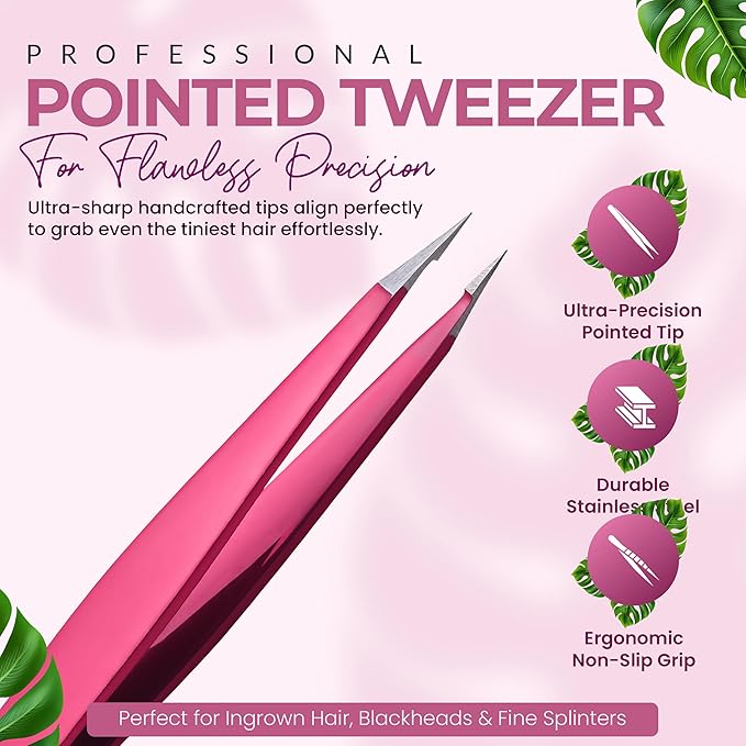 Pointer Stainless Steel Tweezers Women & Men Precision Eyebrow Tweezers for Facial Hair, Fine Tip Strong Grip Professional Tweezer for Eyebrow Shaping, Ingrown Hair & Splinter Removal (Neon Pink)