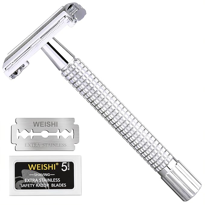 WEISHI Butterfly Open Double Edge Safety Razor for Men, Chrome Long Handle with 5 Stainless Razor Blades Included, Reusable Wet Shave Tool for Smooth, Close Shave