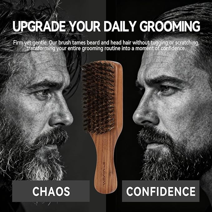 Boar Bristle Beard Brush for Men - Wooden Mustache Brush and Slick Back Hair Brush with Small Metal Beard Comb, Perfect for Home and Travel Use - Major
