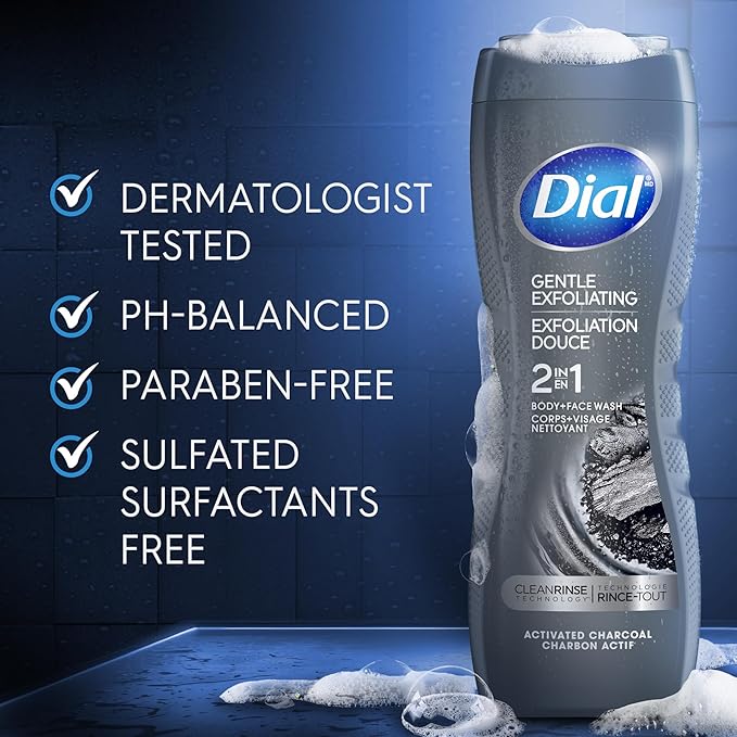 Dial Men 2 in 1 Body and Face Wash, Activated Charcoal, 16 Fl Oz, Pack of 4, Gentle Exfoliating Body Wash with Clean Rinse Technology