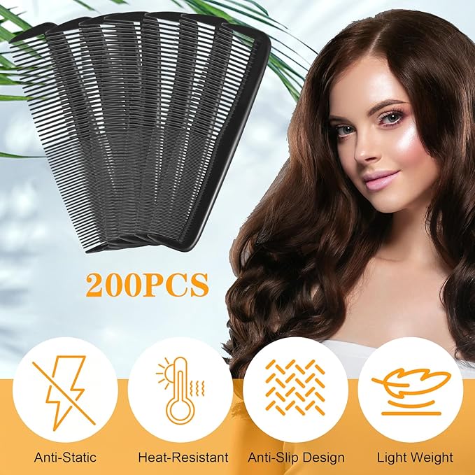 JIEYAO 200 Pcs Black Pocket Combs Bulk, 5 Inch Wide & Fine Teeth Cutting Hair Comb Plastic Travel Anti Static Comb Set for Men Women Grooming Accessories Men's Beard