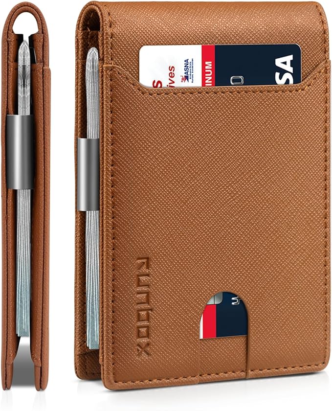 RUNBOX Money Clip Wallets for Men,Slim Leather Mens Bifold Wallet,RFID Blocking Front Pocket Wallet,Thin Credit Card Holder with Gift Box