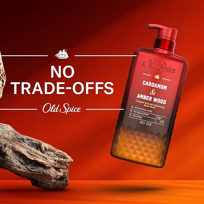 Old Spice Body Wash for Men, The Spice Alchemist Collection, 24/7 Cologne Infused Hydration, No Trade Off Formula, Free of Phthalates Silicones & Dyes, Cardamom + Amber Wood Scent, 20 oz