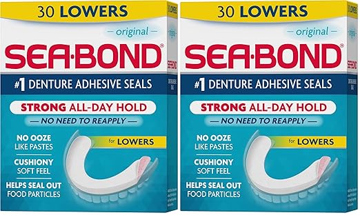 Sea Bond Secure Denture Adhesive Seals, Original Lowers, Zinc-Free, All-Day-Hold, Mess-Free, 30 Count (Pack of 2)