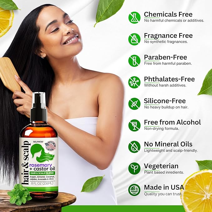 Organic Rosemary Oil For Hair Growth with Castor, Argan, Coconut, Almond, Jojoba, Avocado, Grapeseed, Vitamin E, Lavender & Peppermint for Hair & Scalp Treatment, All Hair Types, Men & Women 8oz