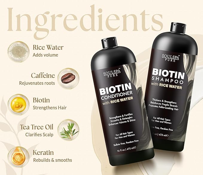Biotin Rice Water Shampoo and Conditioner Set - Thickening Formula with Rice Protein & Keratin - Strengthening Hair Care for Thinning Hair - Made in USA - 16 fl oz Each