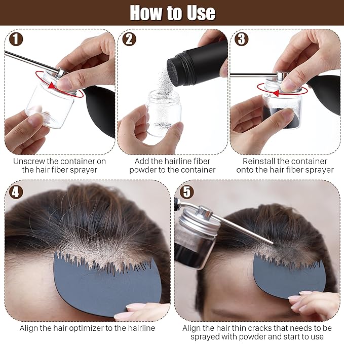 Hair Building Fiber Spray with Hairline Optimizer, Hair Fibers Spray for Hair-building, Portable Fiber Powder with Nozzle, Hairline Building Powder Accessory(Black)