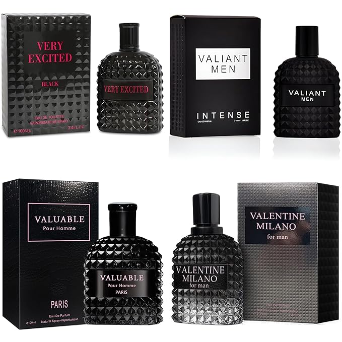 Men's Cologne Gift Set Include Valentine Milano,Valiant,Very Excited & Valuable Paris - 3.4 Fl Oz Each | Vanilla Bourbon, Leather & Amber Floral Fragrance | Luxury Eau de Toilette