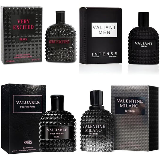 Men's Cologne Gift Set Include Valentine Milano,Valiant,Very Excited & Valuable Paris - 3.4 Fl Oz Each | Vanilla Bourbon, Leather & Amber Floral Fragrance | Luxury Eau de Toilette