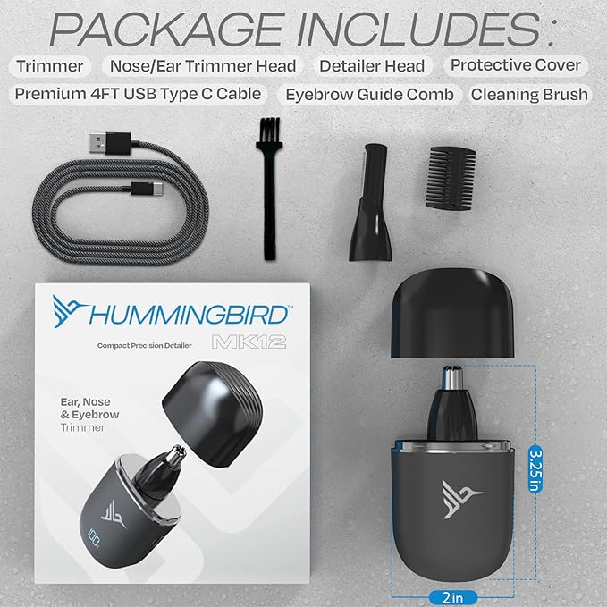 HUMMINGBIRD MK12 Ear & Nose Hair Trimmer for Men – Compact Precision Detailer for Nose, Ears, Eyebrows & Sideburns, Portable, Waterproof, USB C Rechargeable, LED Display