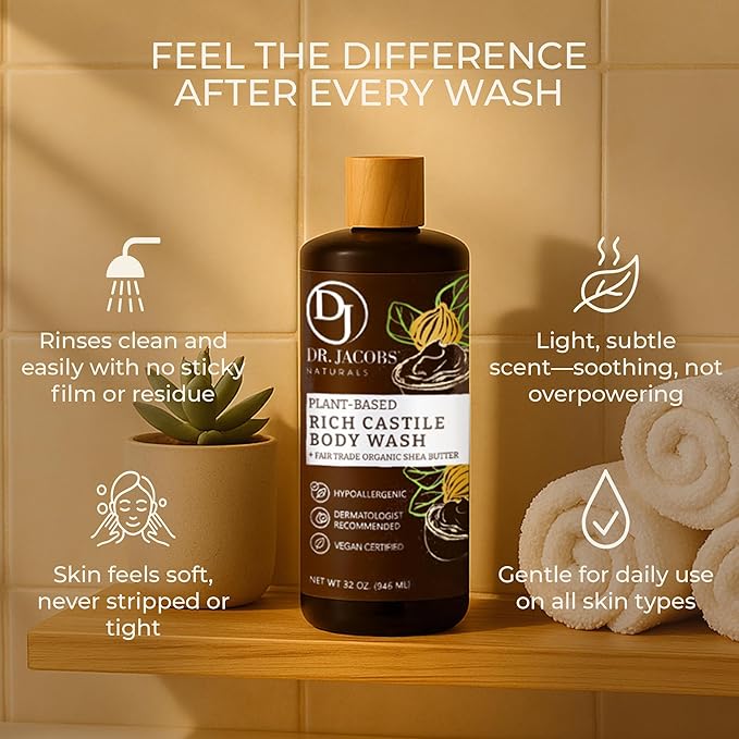 Dr. Jacobs Naturals Pure Castile Soap Liquid Body Wash, Shea Butter - Plant Based Soap Infused with Vitamin E and Aloe Vera to Moisturize Dry and Sensitive Skin - Made in The USA - 32 oz, Pack of 3