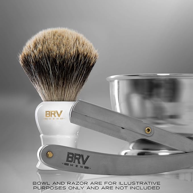 BRV MEN Pure Badger Shaving Brush (19mm knots) - Heavy Resin Handle - Use with Double-Edge Safety Razor, Straight Razor and Shaving Bowl (White)