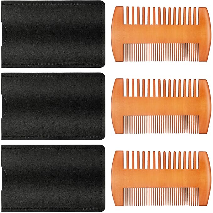 Natural Sandalwood Dual Action Beard and Mustache Comb with Leather Case (Yellow)