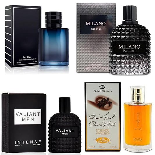 4-Piece Cologne for Men Includes Choco Musk/SE/Valiant/Milano Scent of Woody, Spicy, Citrus & Aromatic eau de parfum Men Gift Set Each 100Ml for Daily Use