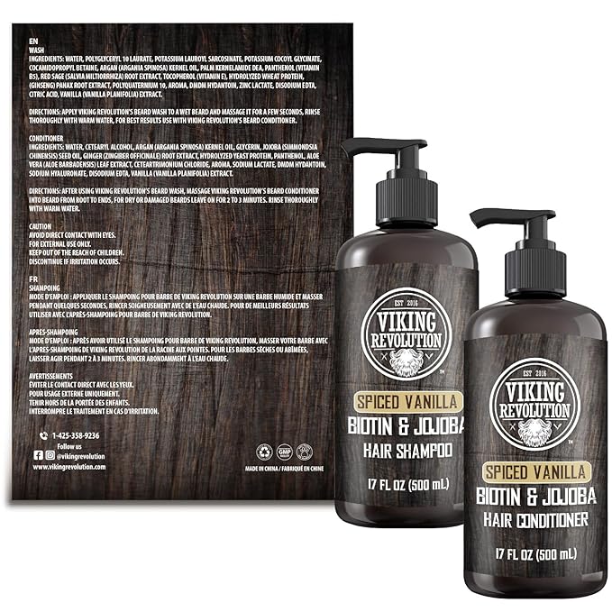 Viking Revolution Beard Wash and Beard Conditioner for Men with Argan Oil and Jojoba Oil - Beard Softener and Strengthener Beard Care Beard Shampoo and Conditioner with Beard Oil (17oz Spiced Vanilla)