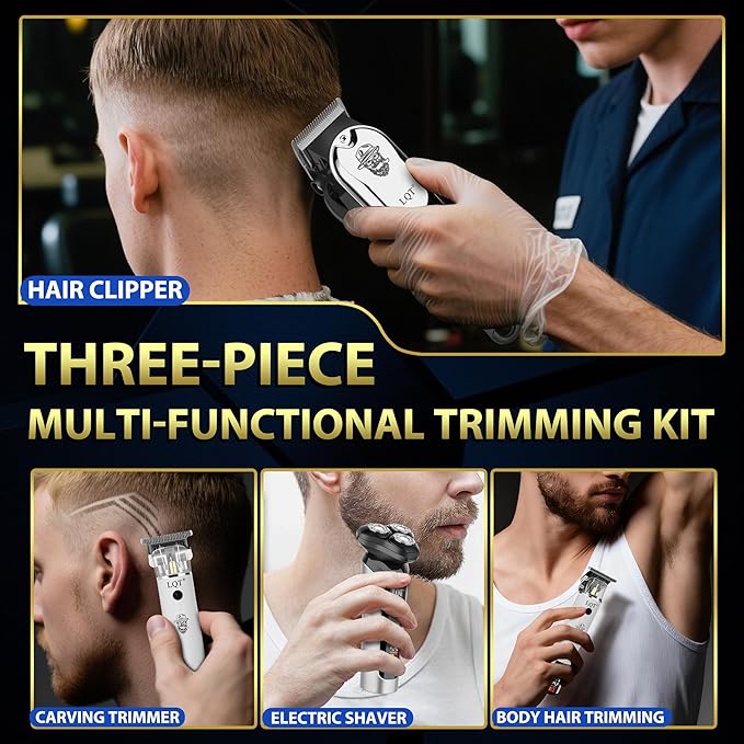 Professional Barber Kit for Men, Cordless Hair Clipper, Trimmer & Rotary Shaver Set with LED Display, USB-C Rechargeable Battery,Precision Blades,Adjustable Speeds,Low Noise,Grooming Gifts for Men