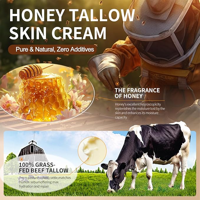 Beef Tallow Honey Balm for Skin & Face, Whipped Beef Tallow Face Moisturizer with Honey, Grass Fed Beef Tallow Cream, All Natural Pure Body Lotion for Women & Men Dry Sensitive Skin, 3.88 OZ