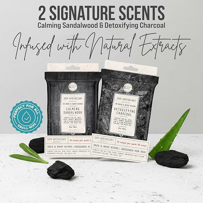 BLKSMITH Face & Body Wipes for Men - Travel Face & Body Wipes - Total 60 - Charcoal & Sandalwood Scent, Cool Gifts for Men 30x2 Wipe - Ideal for Gym, Office, or Outdoors, 2 Pack