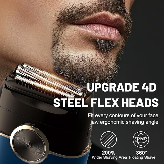Electric Foil Shavers for Men: Mini Electric Razor with 4 Floating Blades & Big LED Display - Foil Shaver for Men with 2 Gears Adjustable - Face Shaver with IPX7 Waterproof,USB Type C (Pure-Blue)